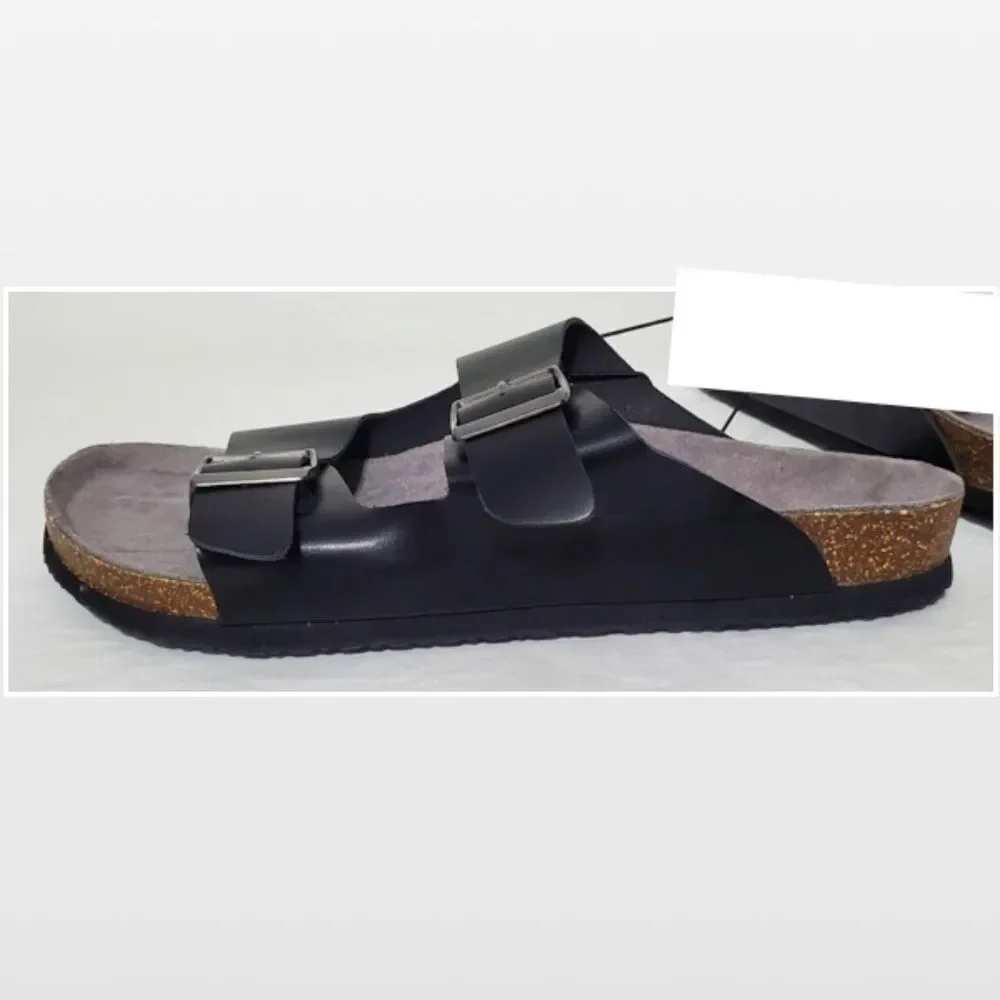New Falls Creek Shoes Men Sandals Black Buckle Slip On Cork Slides NWT